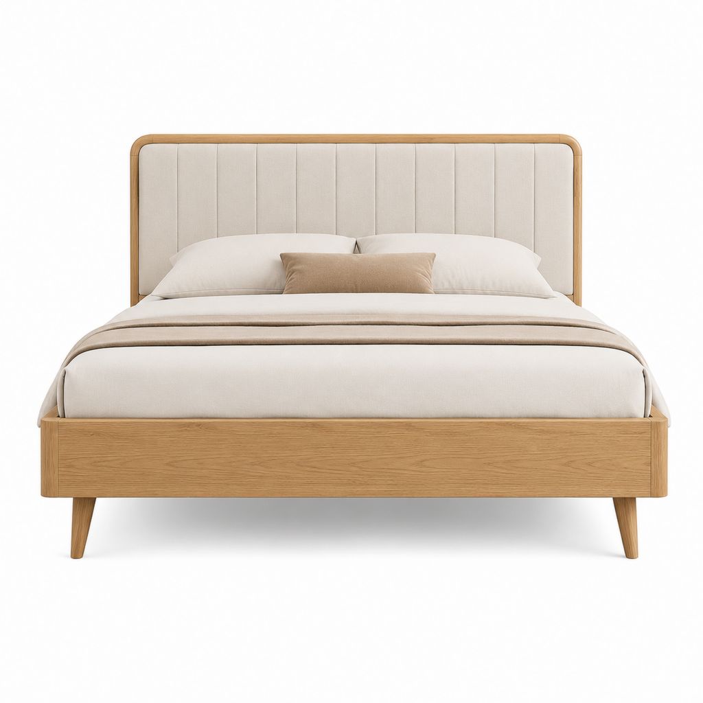 Lit double 160 x 200 cm chêne clair avec tête de lit capitonnée beige