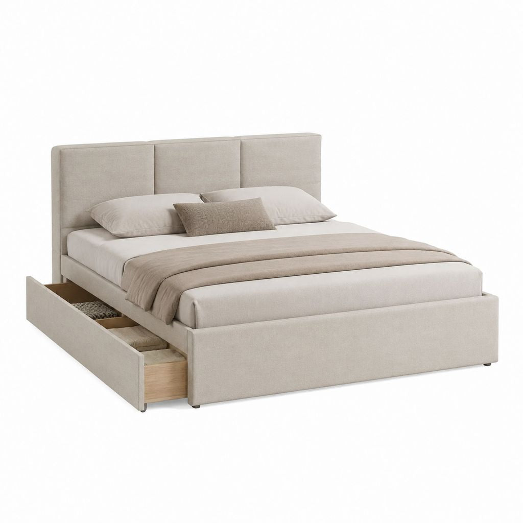 Lit double avec tiroir de rangement beige en polyester rectangulaire 160 x 200 cm