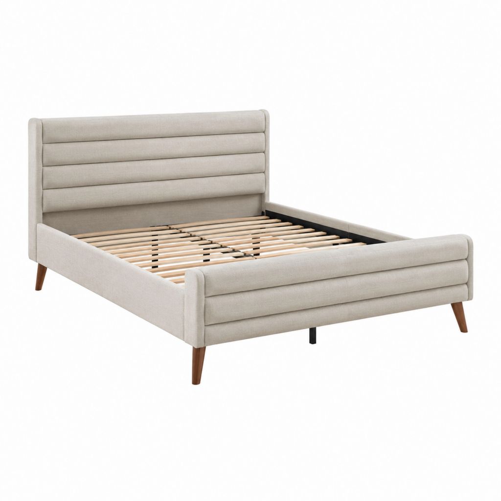 Cadre de lit 160 x 200 cm beige en polyester avec sommier à lattes et tête de lit rembourrée