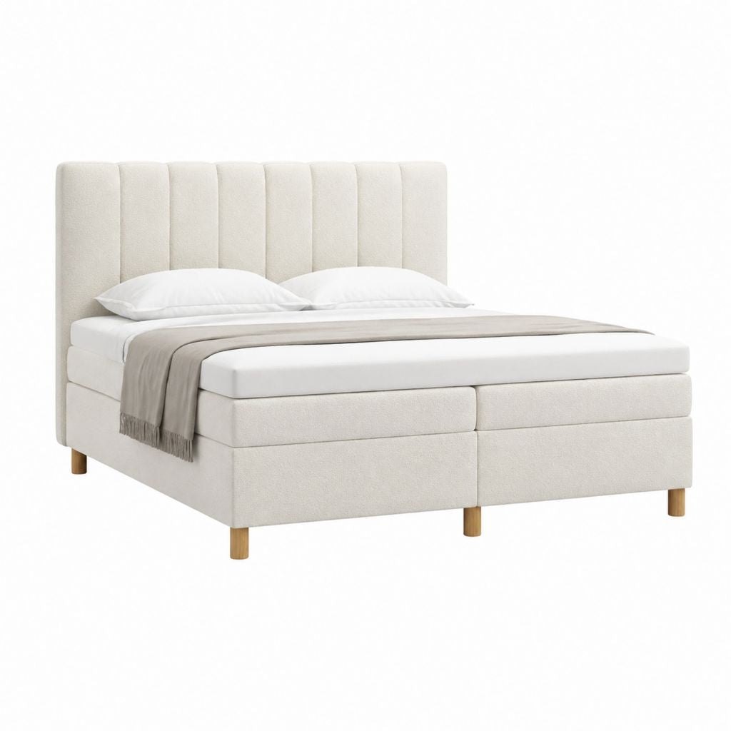 Lit coffre 160 x 200 cm beige en polyester avec tête de lit capitonnée