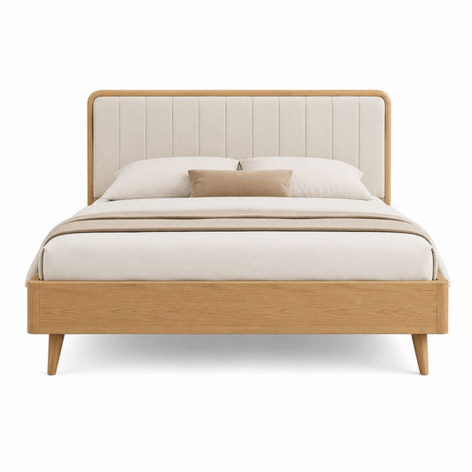 Lit double 160 x 200 cm chêne clair avec tête de lit capitonnée beige