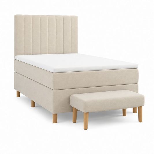 Lit simple avec sommier tapissé beige en polyester tête de lit capitonnée verticale et repose-pieds 90 x 200 cm