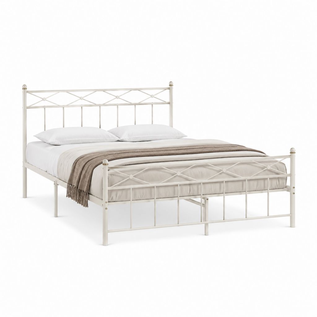 Lit double avec cadre en acier blanc rectangulaire 140 x 190 cm