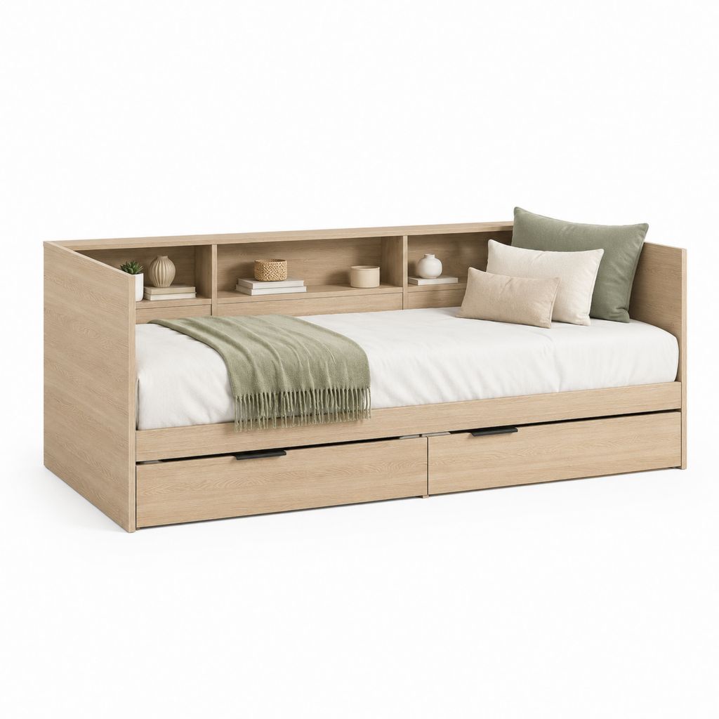 Lit gigogne 90 x 200 cm avec 2 tiroirs et 3 niches en panneaux de particules chêne clair