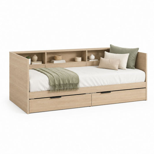 Lit gigogne 90 x 200 cm avec 2 tiroirs et 3 niches en panneaux de particules chêne clair