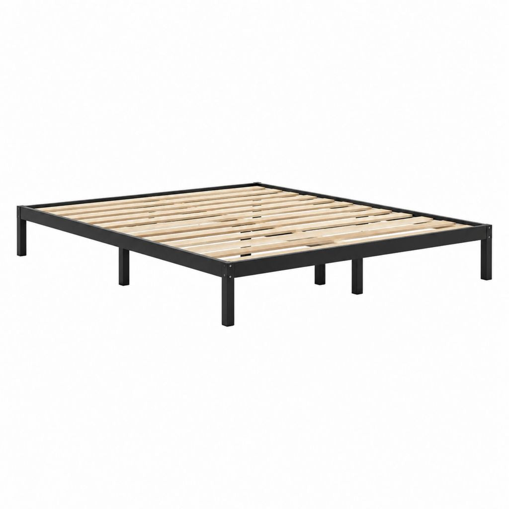 Cadre de lit double noir en acier avec sommier à lattes en peuplier 140 x 190 cm
