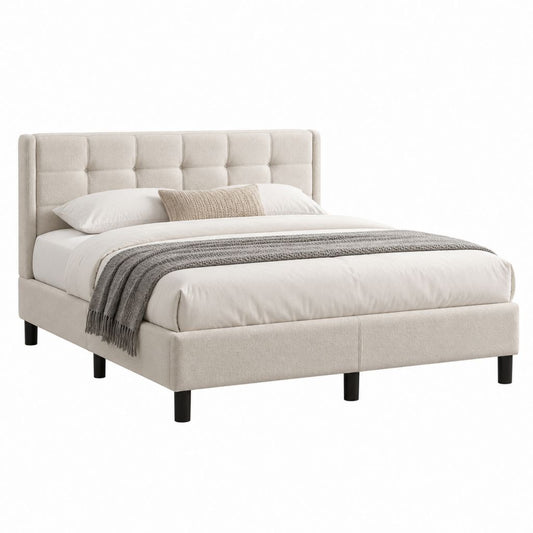 Lit double capitonné beige en polyester 160 x 200 cm