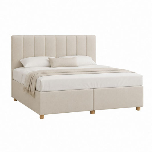 Lit double rectangulaire beige en polyester avec tête de lit rembourrée 160 x 200 cm