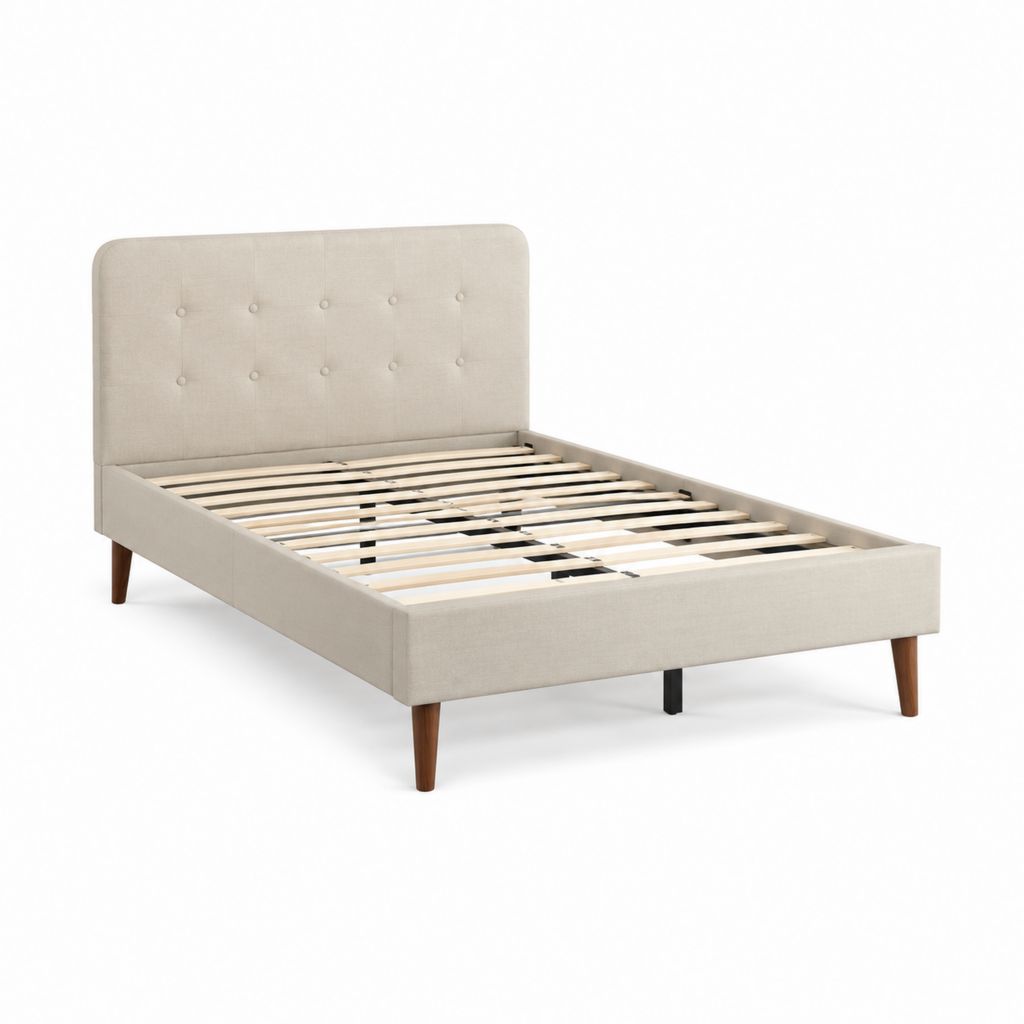 Lit double 160 x 200 cm beige en polyester rectangulaire avec sommier à lattes et tête de lit capitonnée
