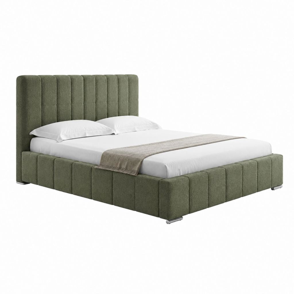 Lit double capitonné vert olive en polyester 160 x 200 cm
