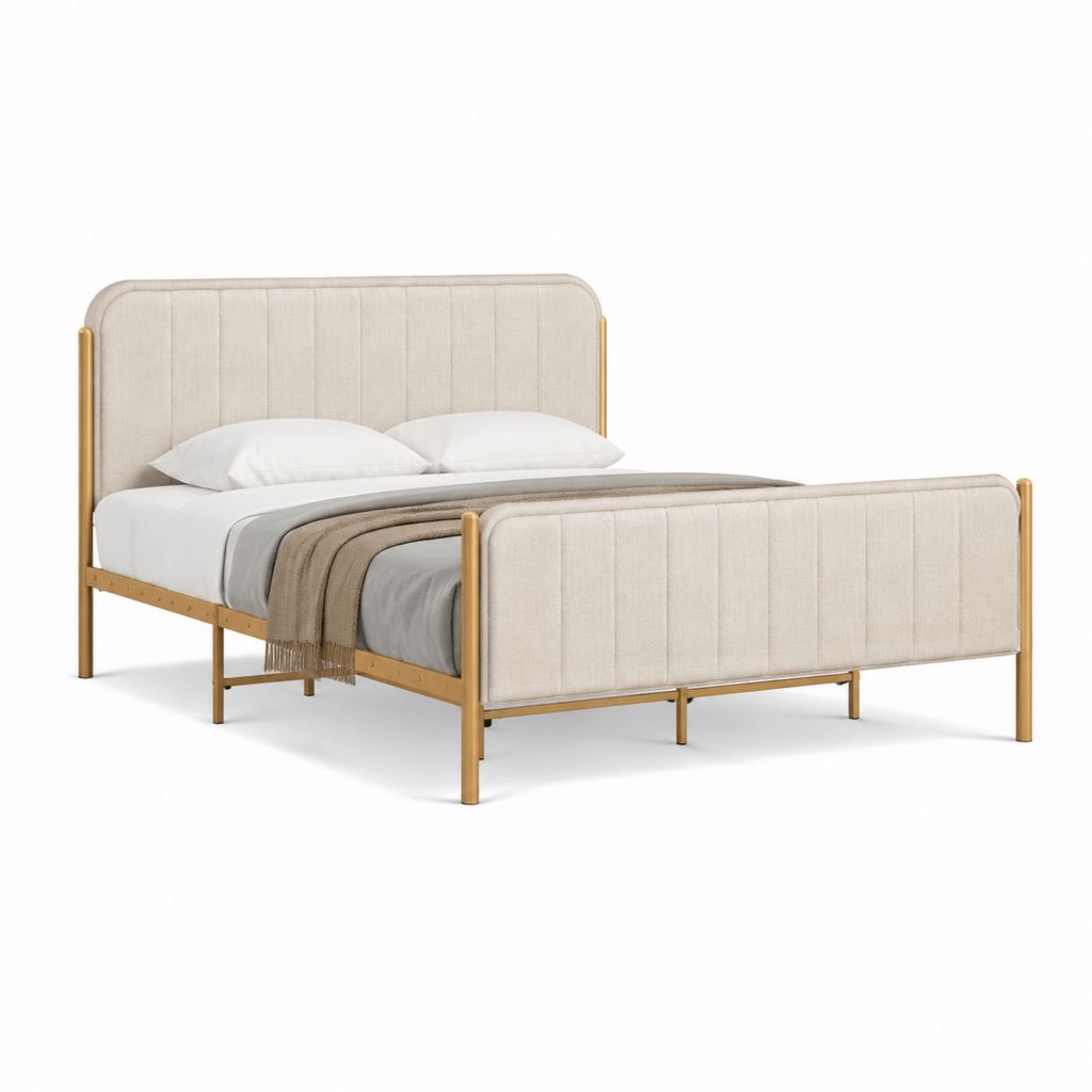 Lit double avec cadre en acier doré et panneaux en polyester beige 160 x 200 cm