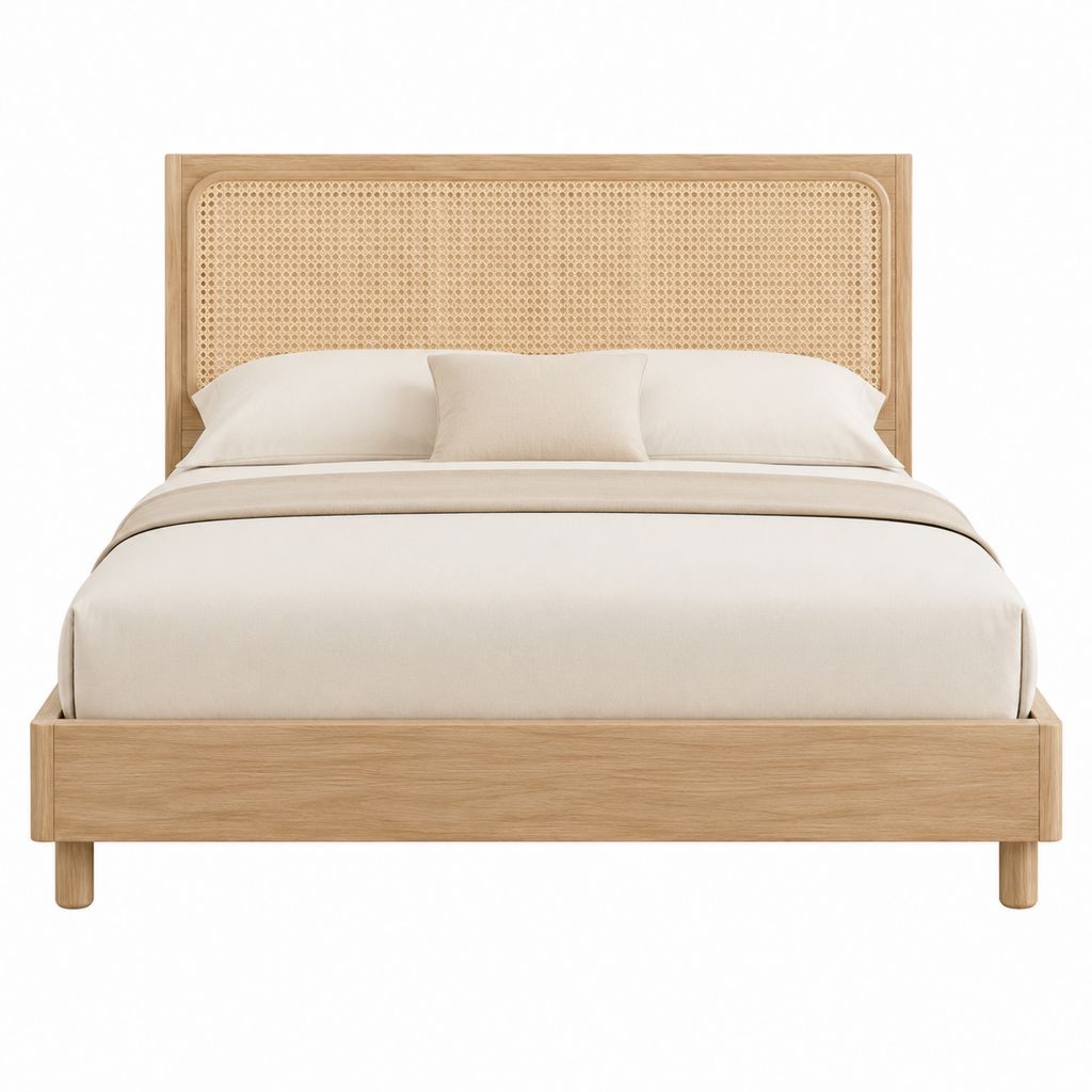 Cadre de lit 160 x 200 cm en bois massif naturel avec tête de lit en cannage