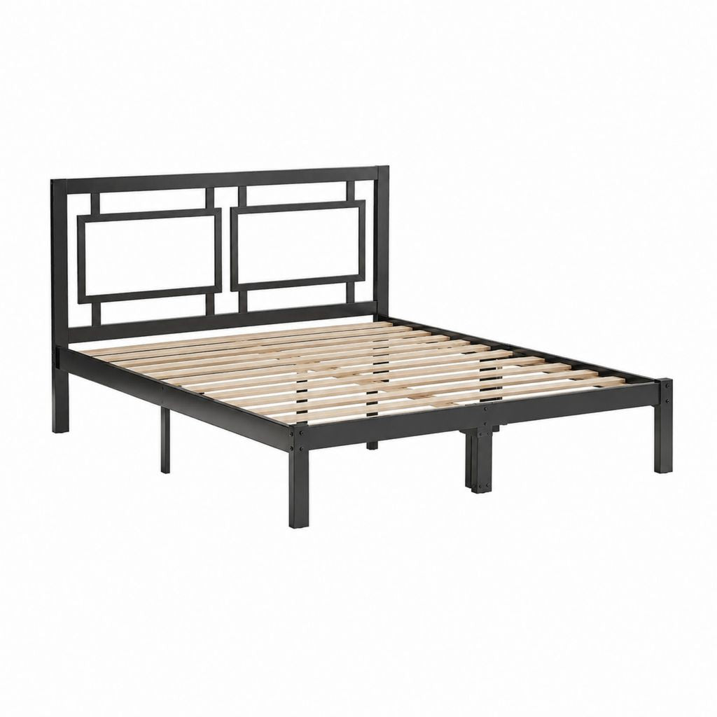 Cadre de lit double 140 x 190 cm noir en acier avec sommier à lattes en peuplier