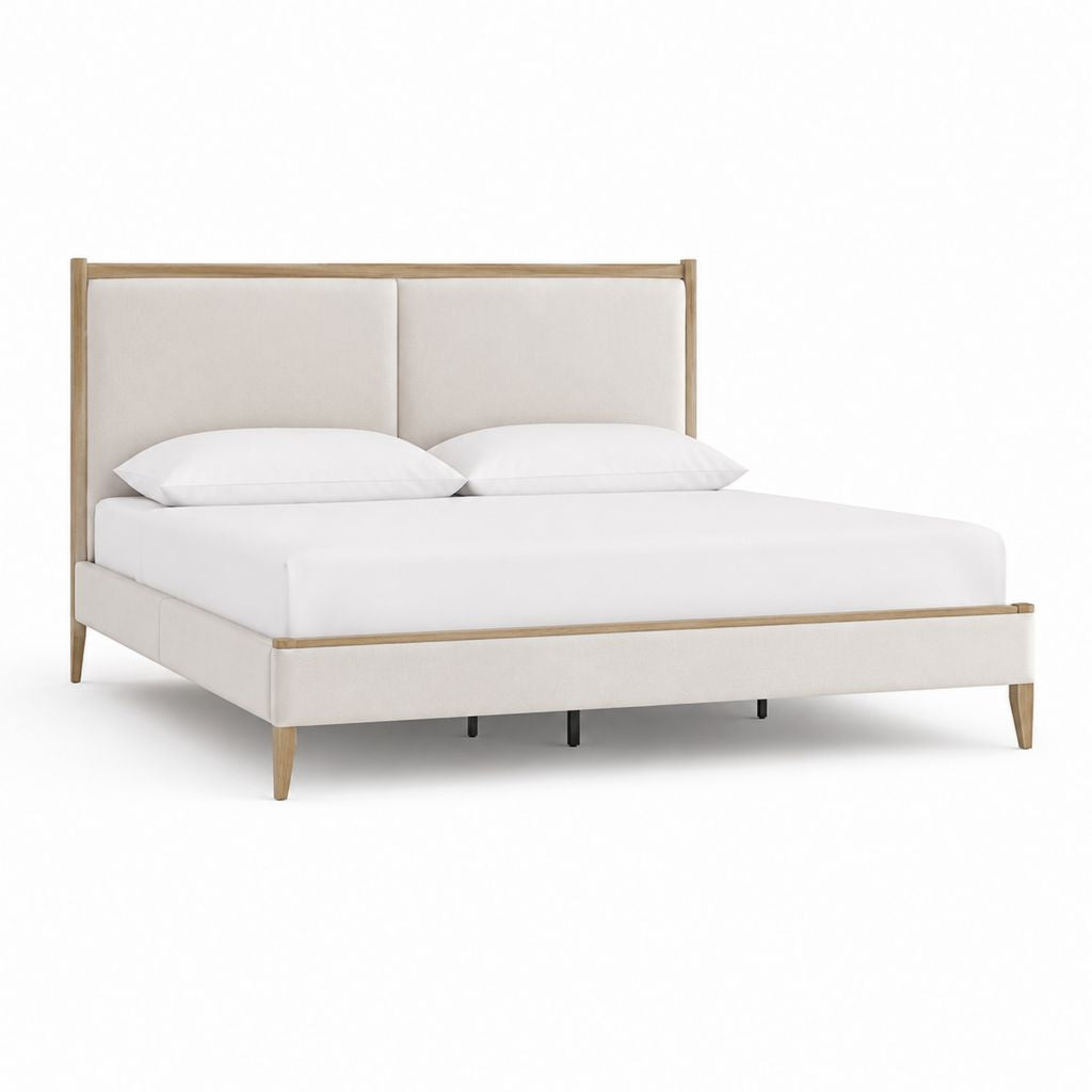 Lit double 160 x 200 cm beige en polyester et bois massif