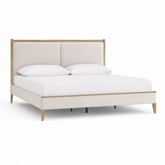 Lit double 160 x 200 cm beige en polyester et bois massif