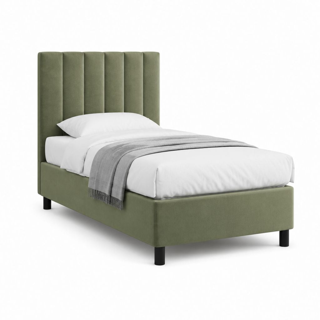Lit simple 90 x 190 cm vert olive en velours polyester avec tête de lit capitonnée
