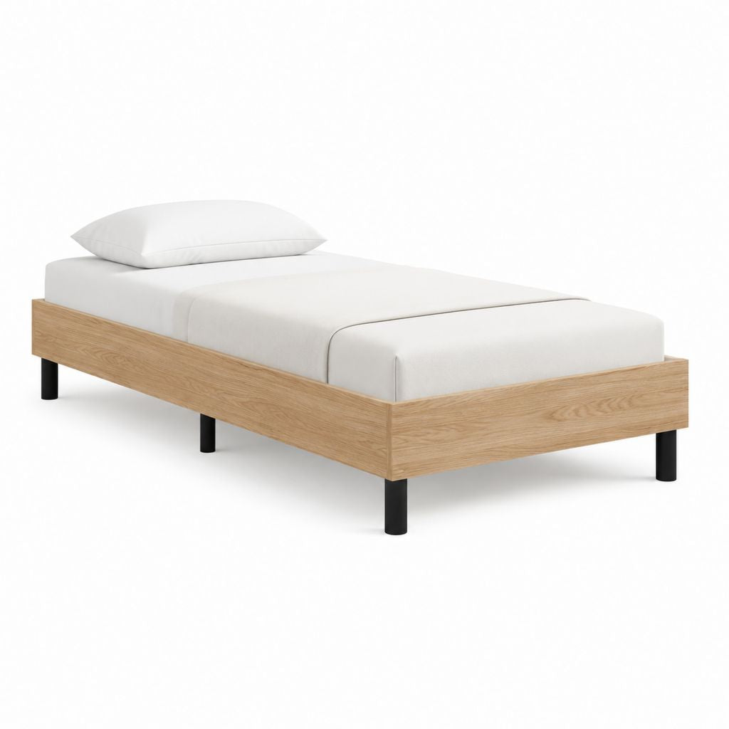 Cadre de lit simple 90 x 190 cm chêne clair en panneaux de particules avec pieds acier noir