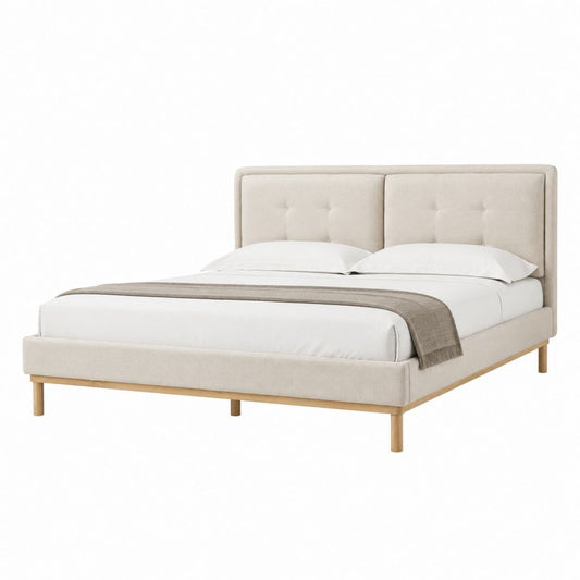 Lit adulte avec cadre de lit beige en polyester rectangulaire 160 x 200 cm