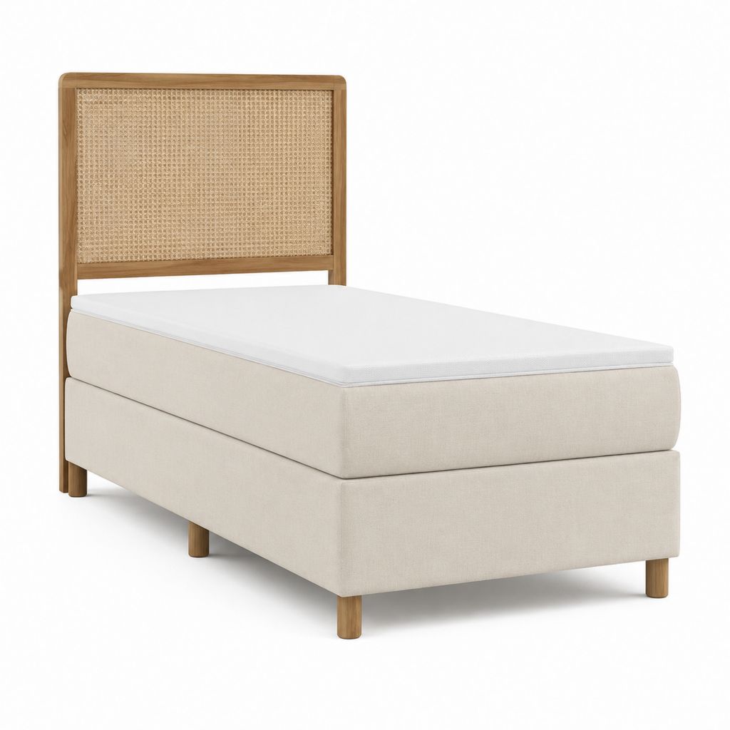 Lit simple 90 x 200 cm beige avec tête de lit en chêne et cannage