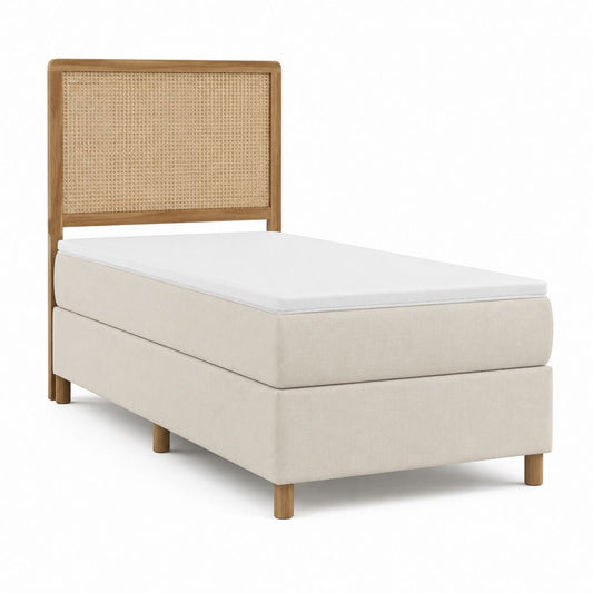 Lit simple 90 x 200 cm beige avec tête de lit en chêne et cannage
