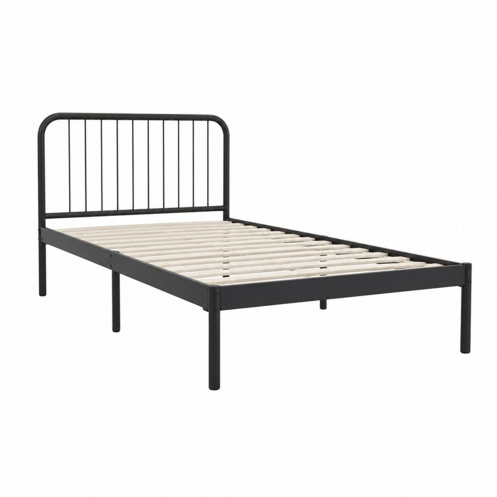Lit simple rectangulaire noir en acier avec sommier à lattes 90 x 190 cm