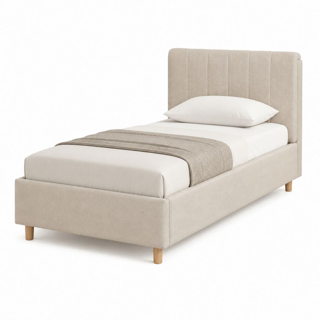 Lit simple capitonné beige en polyester avec tête de lit 90 x 190 cm